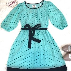 Turquoise Blue polka dots 3/4 slit sleeve dress S